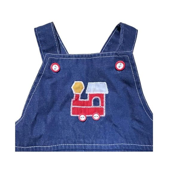 VINTAGE Health-Tex Retro Denim Cloth Bib Overalls W/Red Truck 24m Made In USA - Picture 4 of 6